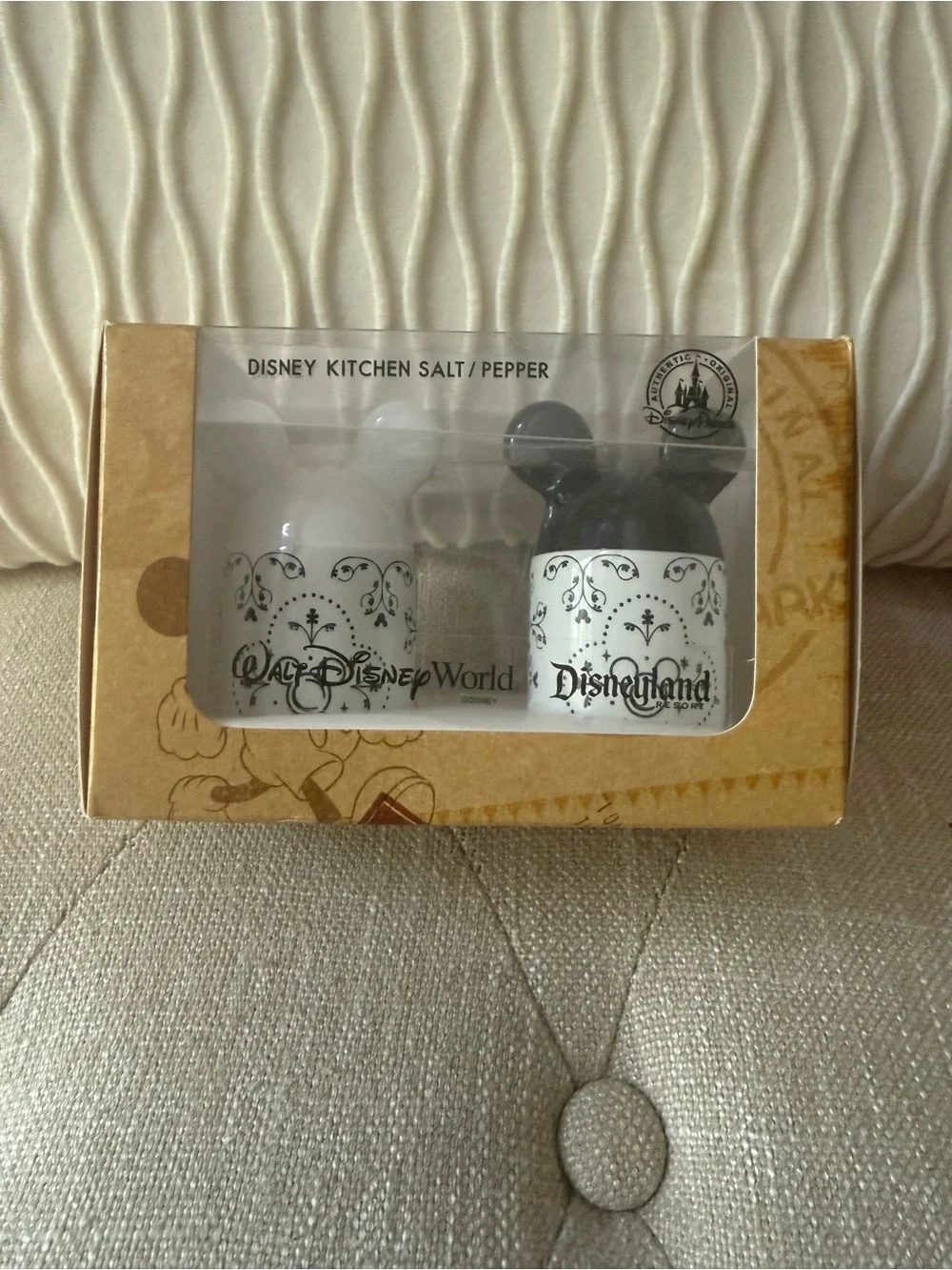 Disney Parks Mickey Ears Ceramic Salt & Pepper Shakers Black White Damask
